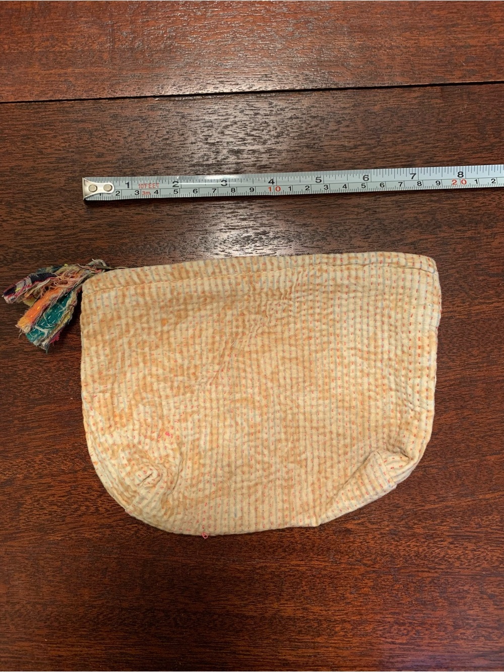 Handcrafted Cream-Orange Quilted Cosmetic Zip Pouch w/ Tassel. Kantha Pouch (e)